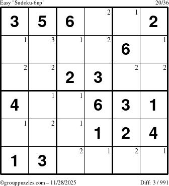 The grouppuzzles.com Easy Sudoku-6up puzzle for Friday November 28, 2025 with the first 3 steps marked