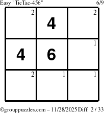 The grouppuzzles.com Easy TicTac-456 puzzle for Friday November 28, 2025 with the first 2 steps marked