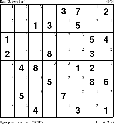 The grouppuzzles.com Easy Sudoku-8up puzzle for Friday November 28, 2025 with the first 3 steps marked