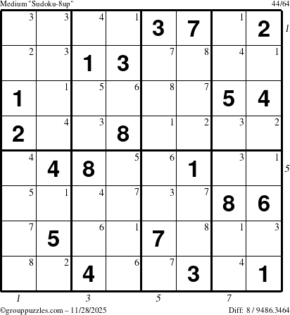 The grouppuzzles.com Medium Sudoku-8up puzzle for Friday November 28, 2025, suitable for printing, with all 8 steps marked