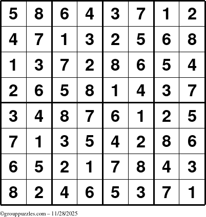 The grouppuzzles.com Answer grid for the Sudoku-8up puzzle for Friday November 28, 2025