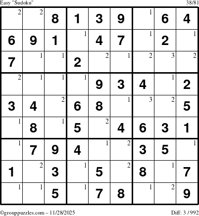 The grouppuzzles.com Easy Sudoku puzzle for Friday November 28, 2025 with the first 3 steps marked