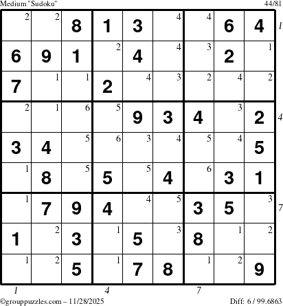 The grouppuzzles.com Medium Sudoku puzzle for Friday November 28, 2025 with all 6 steps marked