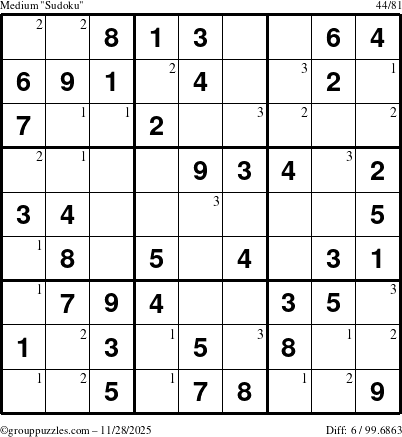 The grouppuzzles.com Medium Sudoku puzzle for Friday November 28, 2025 with the first 3 steps marked