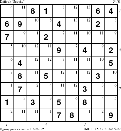 The grouppuzzles.com Difficult Sudoku puzzle for Friday November 28, 2025, suitable for printing, with all 13 steps marked