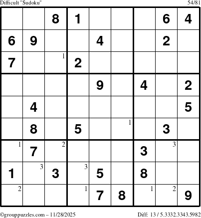 The grouppuzzles.com Difficult Sudoku puzzle for Friday November 28, 2025 with the first 3 steps marked