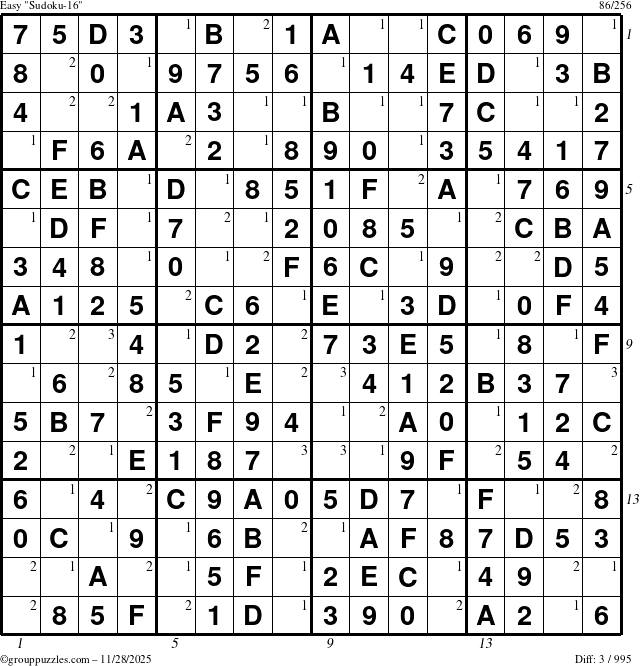 The grouppuzzles.com Easy Sudoku-16 puzzle for Friday November 28, 2025, suitable for printing, with all 3 steps marked