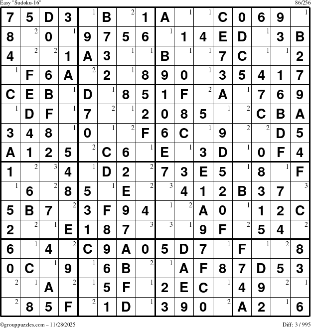 The grouppuzzles.com Easy Sudoku-16 puzzle for Friday November 28, 2025 with the first 3 steps marked