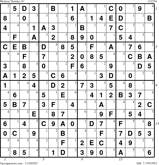 The grouppuzzles.com Medium Sudoku-16 puzzle for Friday November 28, 2025, suitable for printing, with all 7 steps marked
