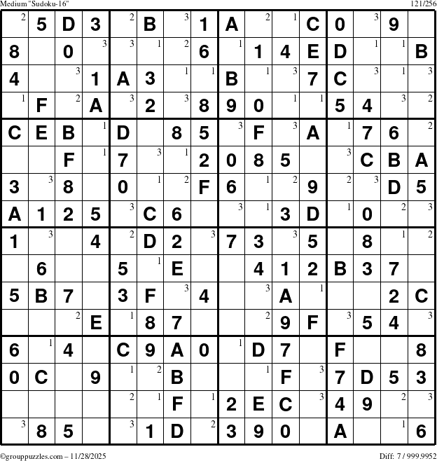 The grouppuzzles.com Medium Sudoku-16 puzzle for Friday November 28, 2025 with the first 3 steps marked