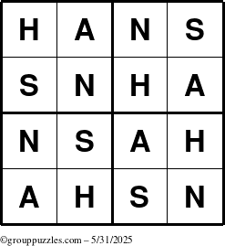 The grouppuzzles.com Answer grid for the Hans puzzle for Saturday May 31, 2025