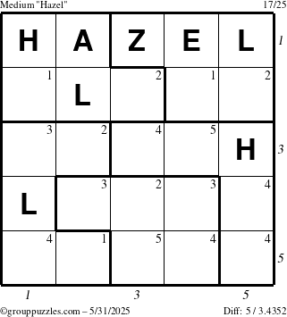 The grouppuzzles.com Medium Hazel puzzle for Saturday May 31, 2025 with all 5 steps marked