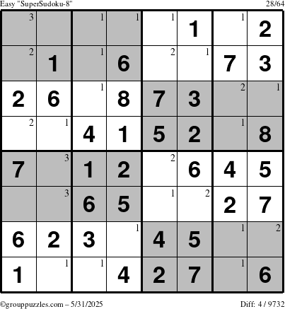 The grouppuzzles.com Easy SuperSudoku-8 puzzle for Saturday May 31, 2025 with the first 3 steps marked