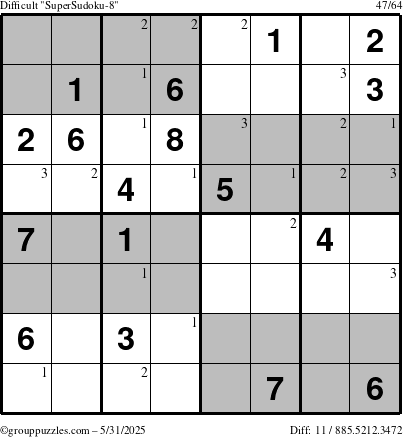 The grouppuzzles.com Difficult SuperSudoku-8 puzzle for Saturday May 31, 2025 with the first 3 steps marked