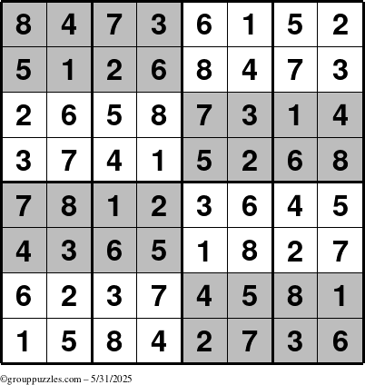 The grouppuzzles.com Answer grid for the SuperSudoku-8 puzzle for Saturday May 31, 2025