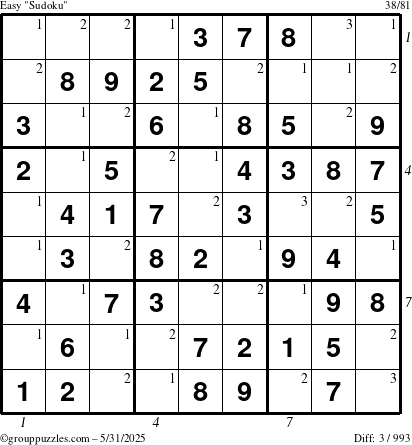 The grouppuzzles.com Easy Sudoku puzzle for Saturday May 31, 2025 with all 3 steps marked