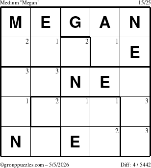 The grouppuzzles.com Medium Megan puzzle for Tuesday May 5, 2026 with the first 3 steps marked