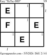 The grouppuzzles.com Easy TicTac-DEF puzzle for Tuesday May 5, 2026, suitable for printing, with all 2 steps marked