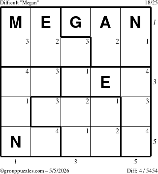 The grouppuzzles.com Difficult Megan puzzle for Tuesday May 5, 2026, suitable for printing, with all 4 steps marked