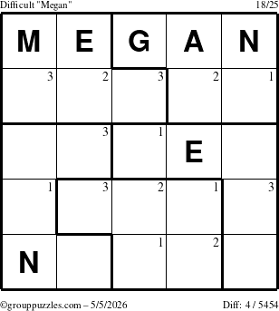 The grouppuzzles.com Difficult Megan puzzle for Tuesday May 5, 2026 with the first 3 steps marked