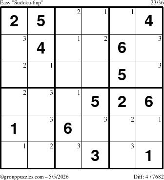 The grouppuzzles.com Easy Sudoku-6up puzzle for Tuesday May 5, 2026 with the first 3 steps marked