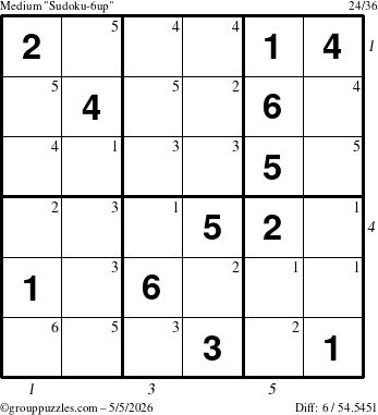 The grouppuzzles.com Medium Sudoku-6up puzzle for Tuesday May 5, 2026 with all 6 steps marked