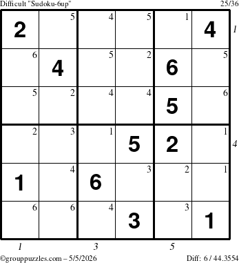 The grouppuzzles.com Difficult Sudoku-6up puzzle for Tuesday May 5, 2026, suitable for printing, with all 6 steps marked