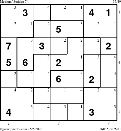 The grouppuzzles.com Medium Sudoku-7 puzzle for Tuesday May 5, 2026, suitable for printing, with all 5 steps marked