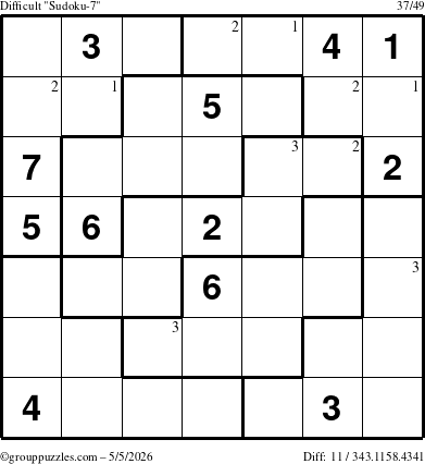 The grouppuzzles.com Difficult Sudoku-7 puzzle for Tuesday May 5, 2026 with the first 3 steps marked