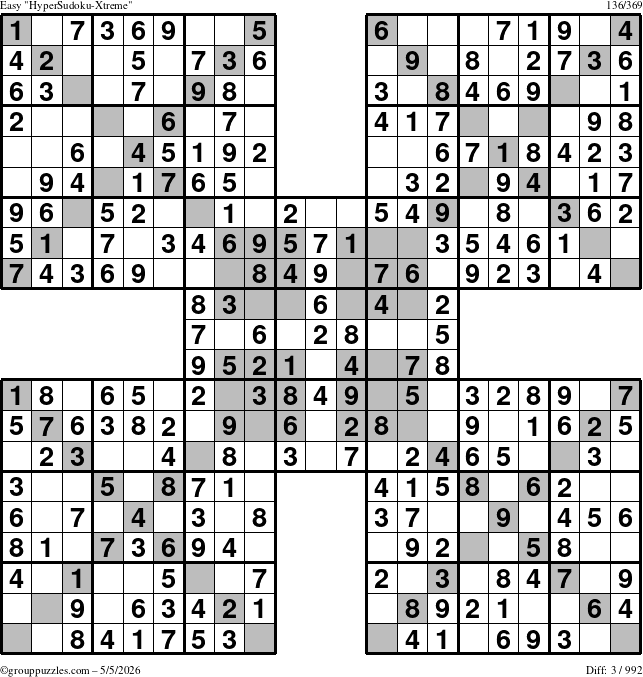 The grouppuzzles.com Easy HyperSudoku-Xtreme puzzle for Tuesday May 5, 2026