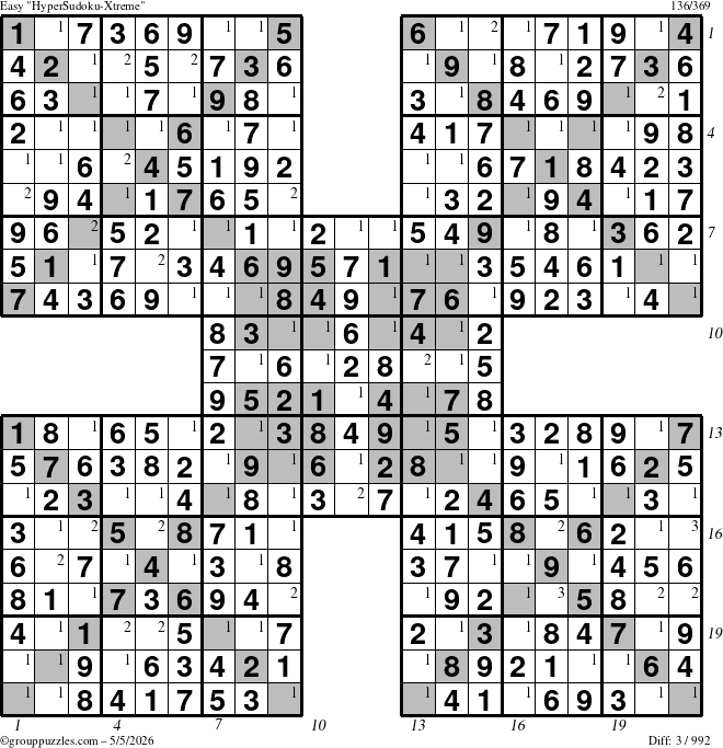 The grouppuzzles.com Easy HyperSudoku-Xtreme puzzle for Tuesday May 5, 2026 with all 3 steps marked