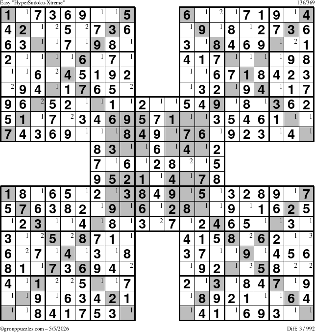 The grouppuzzles.com Easy HyperSudoku-Xtreme puzzle for Tuesday May 5, 2026 with the first 3 steps marked