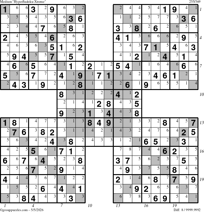 The grouppuzzles.com Medium HyperSudoku-Xtreme puzzle for Tuesday May 5, 2026 with all 8 steps marked