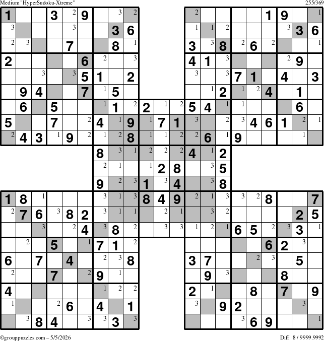 The grouppuzzles.com Medium HyperSudoku-Xtreme puzzle for Tuesday May 5, 2026 with the first 3 steps marked