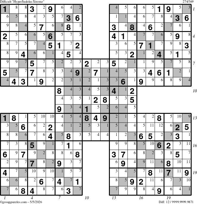 The grouppuzzles.com Difficult HyperSudoku-Xtreme puzzle for Tuesday May 5, 2026, suitable for printing, with all 12 steps marked