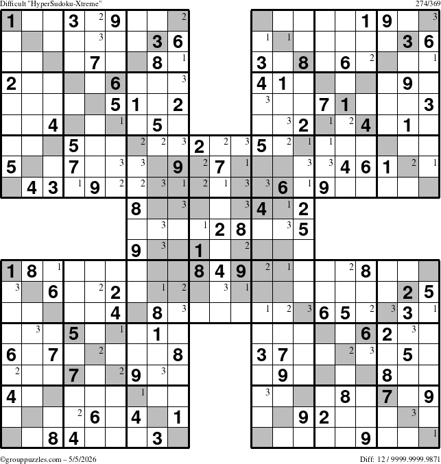 The grouppuzzles.com Difficult HyperSudoku-Xtreme puzzle for Tuesday May 5, 2026 with the first 3 steps marked
