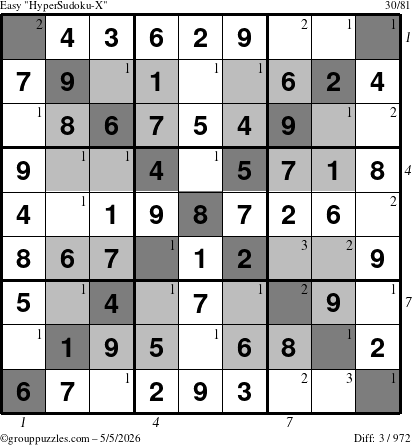 The grouppuzzles.com Easy HyperSudoku-X puzzle for Tuesday May 5, 2026 with all 3 steps marked