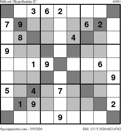 The grouppuzzles.com Difficult HyperSudoku-X puzzle for Tuesday May 5, 2026