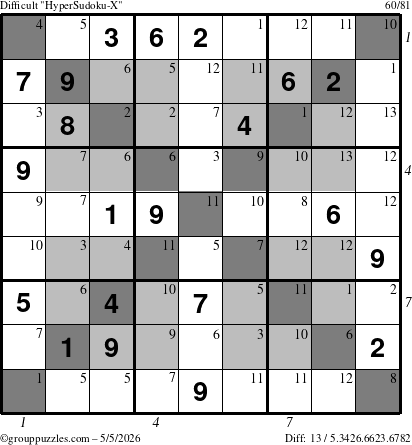 The grouppuzzles.com Difficult HyperSudoku-X puzzle for Tuesday May 5, 2026 with all 13 steps marked