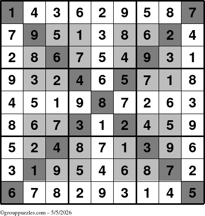 The grouppuzzles.com Answer grid for the HyperSudoku-X puzzle for Tuesday May 5, 2026