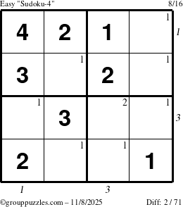 The grouppuzzles.com Easy Sudoku-4 puzzle for Saturday November 8, 2025, suitable for printing, with all 2 steps marked