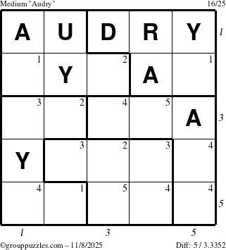 The grouppuzzles.com Medium Audry puzzle for Saturday November 8, 2025, suitable for printing, with all 5 steps marked