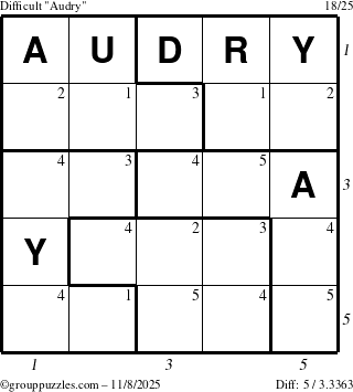 The grouppuzzles.com Difficult Audry puzzle for Saturday November 8, 2025 with all 5 steps marked