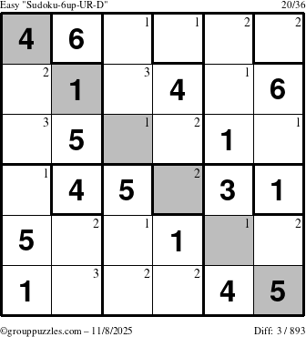 The grouppuzzles.com Easy Sudoku-6up-UR-D puzzle for Saturday November 8, 2025 with the first 3 steps marked