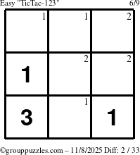 The grouppuzzles.com Easy TicTac-123 puzzle for Saturday November 8, 2025 with the first 2 steps marked