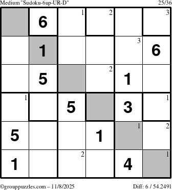 The grouppuzzles.com Medium Sudoku-6up-UR-D puzzle for Saturday November 8, 2025 with the first 3 steps marked