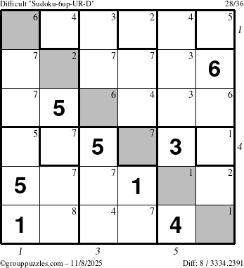 The grouppuzzles.com Difficult Sudoku-6up-UR-D puzzle for Saturday November 8, 2025, suitable for printing, with all 8 steps marked