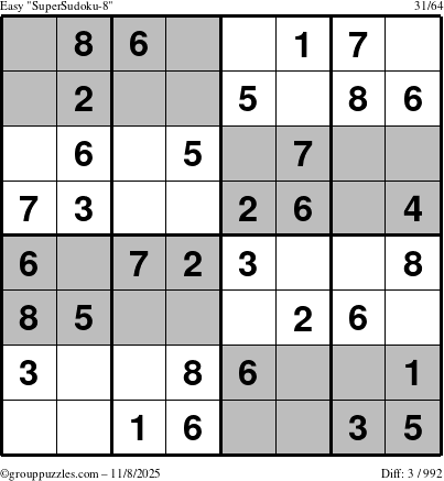 The grouppuzzles.com Easy SuperSudoku-8 puzzle for Saturday November 8, 2025