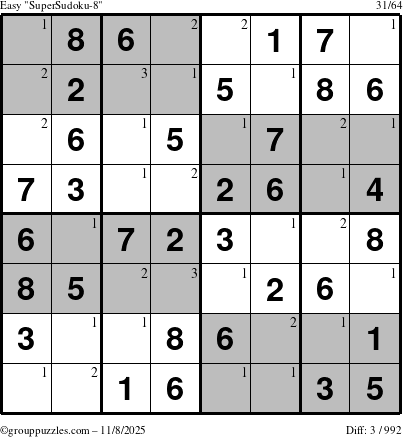The grouppuzzles.com Easy SuperSudoku-8 puzzle for Saturday November 8, 2025 with the first 3 steps marked