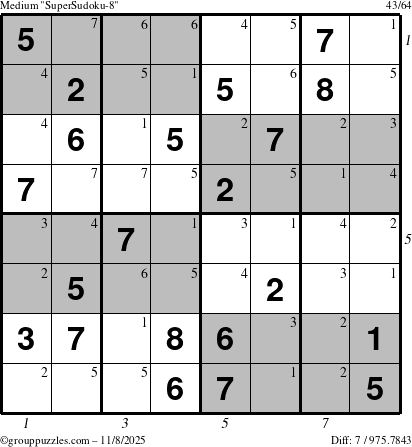 The grouppuzzles.com Medium SuperSudoku-8 puzzle for Saturday November 8, 2025 with all 7 steps marked